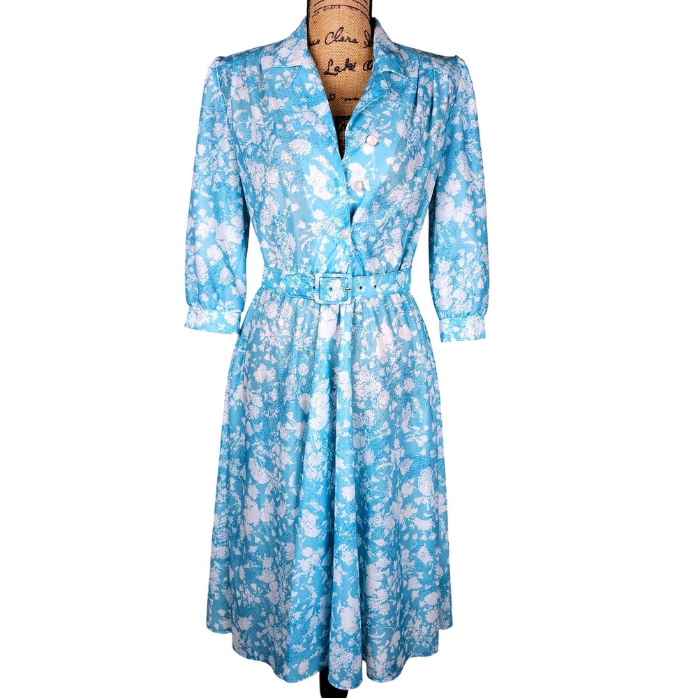 VTG 80's California Look Dress Blue White Floral Print Belted Midi Dress Size 6P
